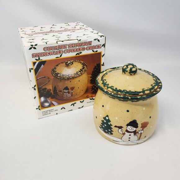 Country Snowman Stoneware Covered Crock with Lid Cookie Jar Original Box - Picture 1 of 16